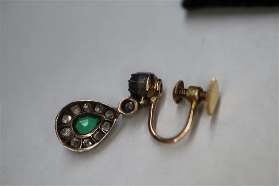 A pair of 19th century, yellow and white metal, emerald and diamond drop earrings, 17mm.